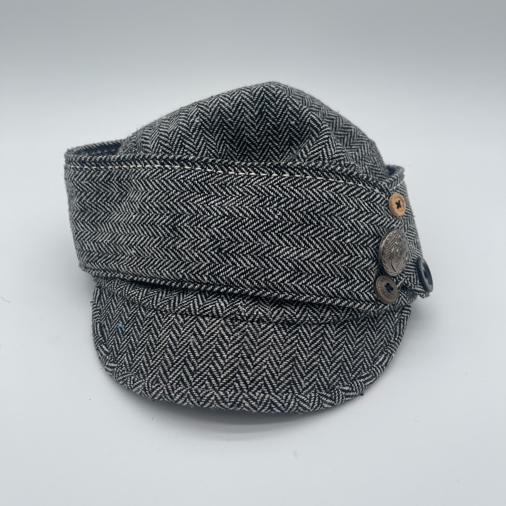 Vtg Style Herringbone Wool Blend Newsboy Cap | Mixed Buttons Old Country Road